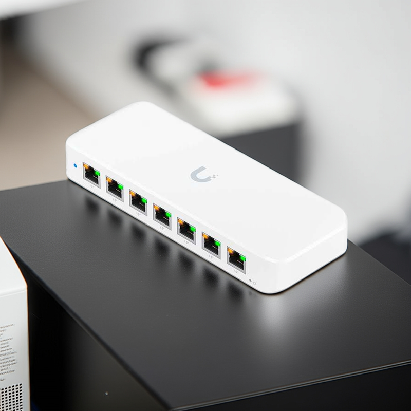 Switch USW-Ultra-210W alimentando múltiplos Access Points e câmeras
