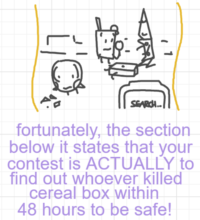 A panel from A Murder On The, episode six of the Board Boards object show by Furretwalk/WalkingFurret.