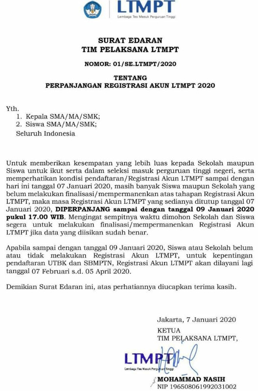 Surat perpanjangan resgistrasi akun LTMPT