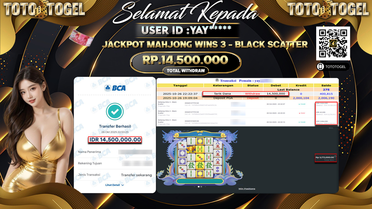 Bukti Pembayaran Jackpot Permainan Slot Mahjong Wins 3 - Black Scatter ID:YAY**** LUNAS