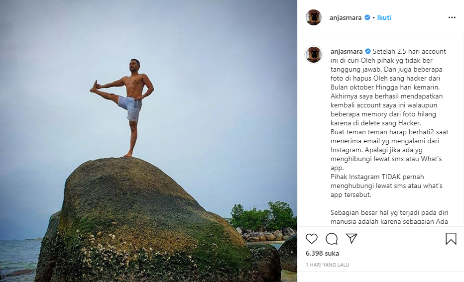 Akun Instagram Anjasmara sempat diretas hacker