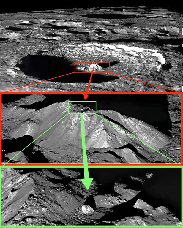 Crater Tycho por LRO con 3 niveles de ampliaci�n &nbsp;crater - monta�a central - roca en altiplano de la monta�a central