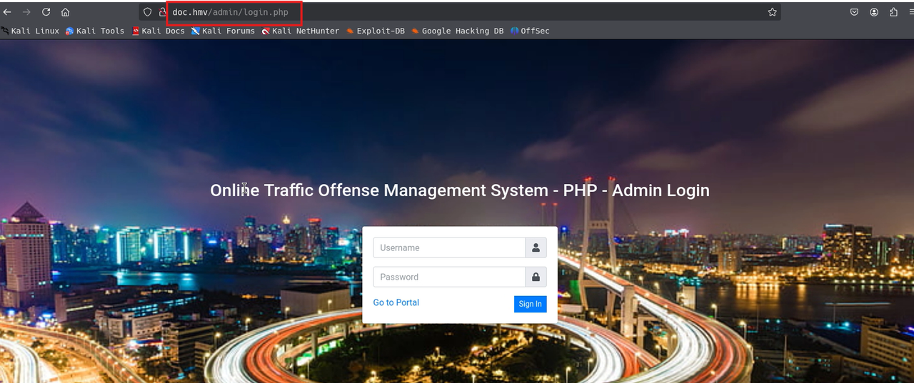 Screenshot of admin login