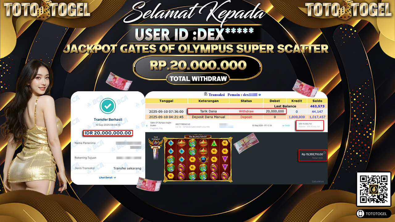 Bukti Pembayaran Jackpot Permainan Slot Gates Of Olympus Super Scatter ID:DEX***** LUNAS