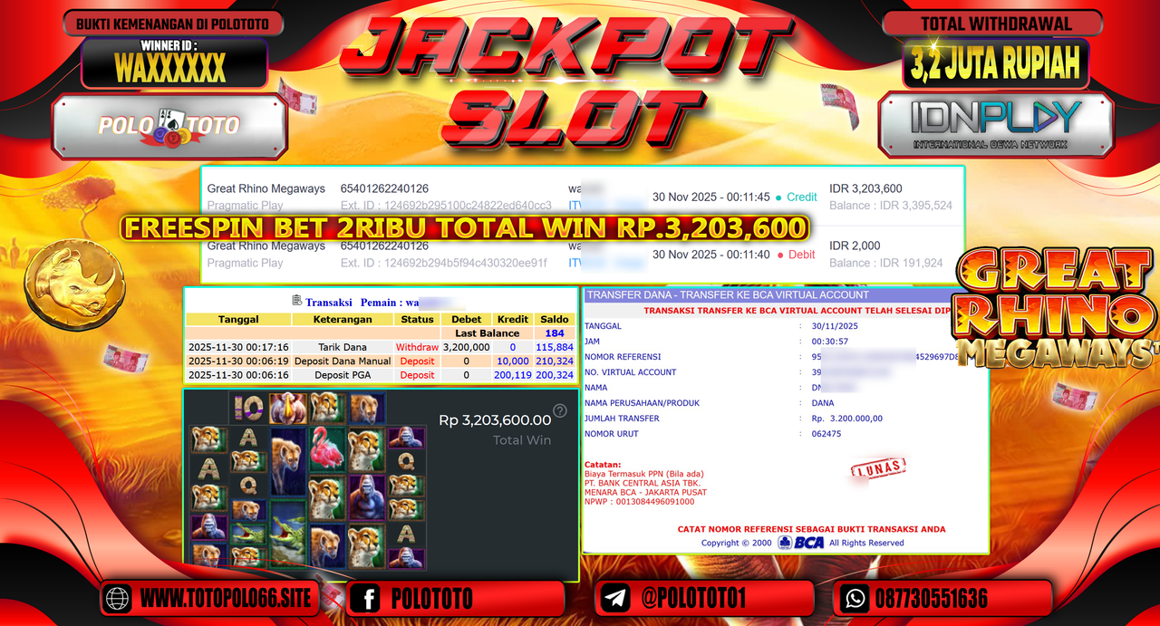 POLOTOTO JACKPOT SLOT GREAT RHINO MEGAWAYS Rp.3.200.000,- LUNAS