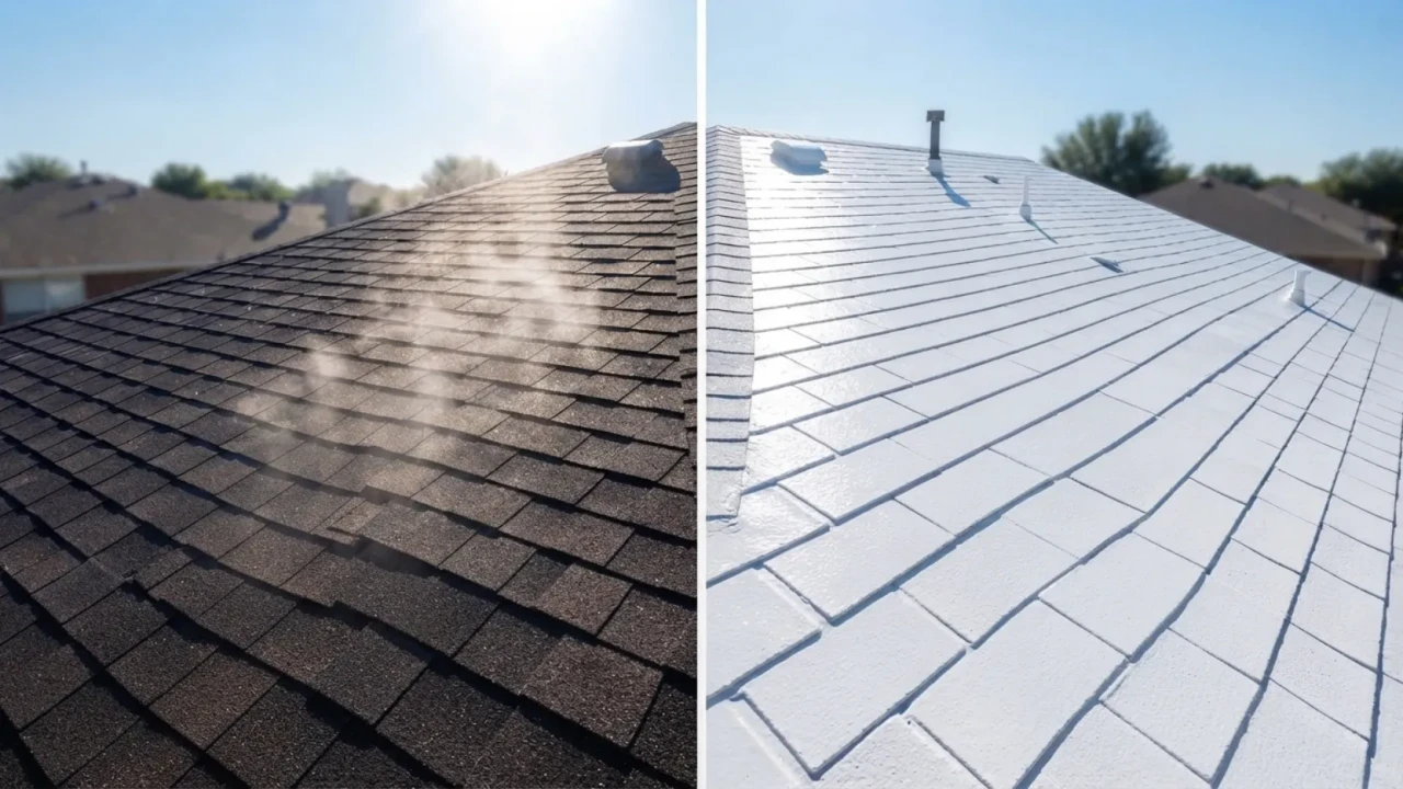 Cool roof reflective coating showing heat reflection versus heat absorption comparison