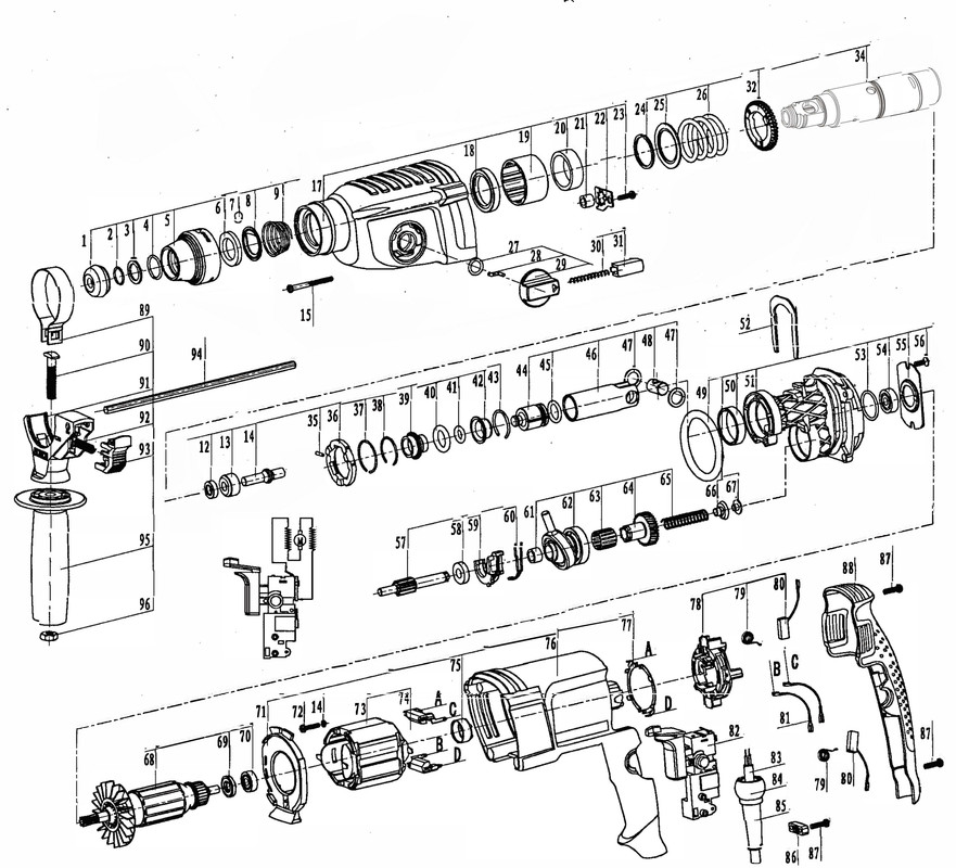 exploded view of SDS rotary hammer