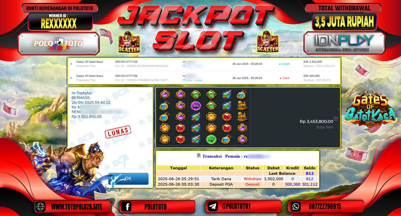 POLOTOTO JACKPOT SLOT GATES OF GATOT KACA Rp.3.502.000,-