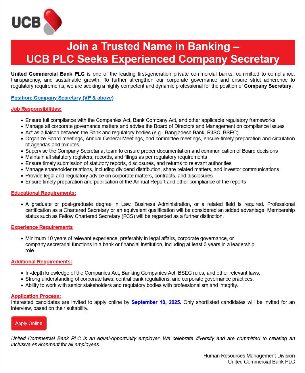 United Commercial Bank Job Circular 2025