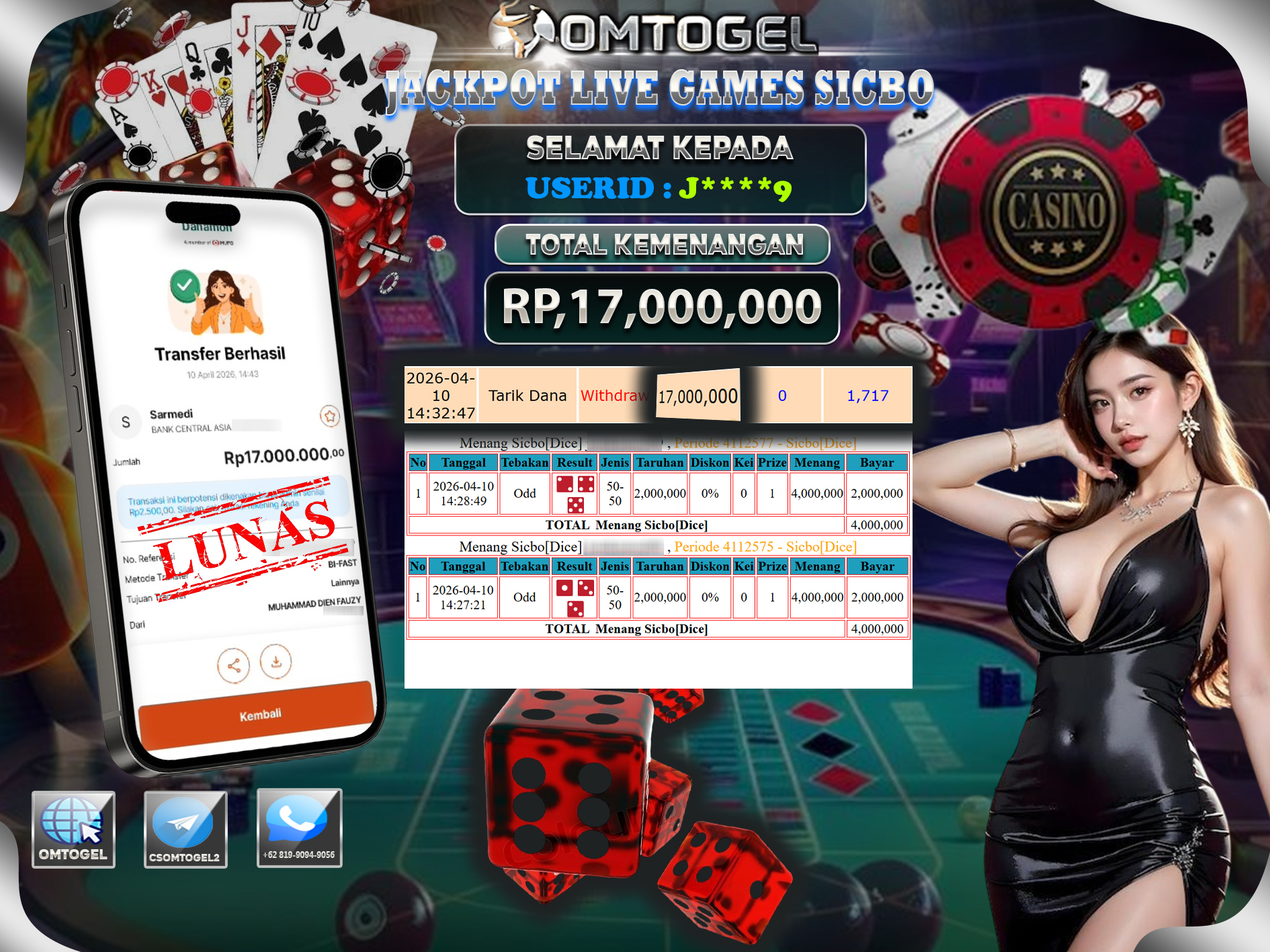 OMTOGEL JACKPOT LIVE GAMES SICBO DICE , 17 JUTA DI BAYAR LUNAS ,-