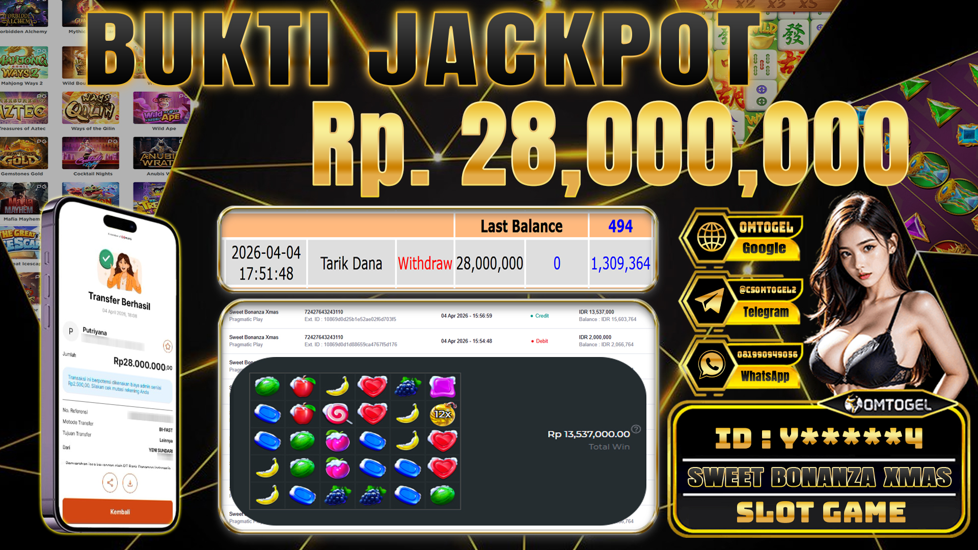 OMTOGEL JACKPOT PRAGMATIC PLAY SWEET BONANZA XMAS, 28 JUTA DI BAYAR LUNAS ,-