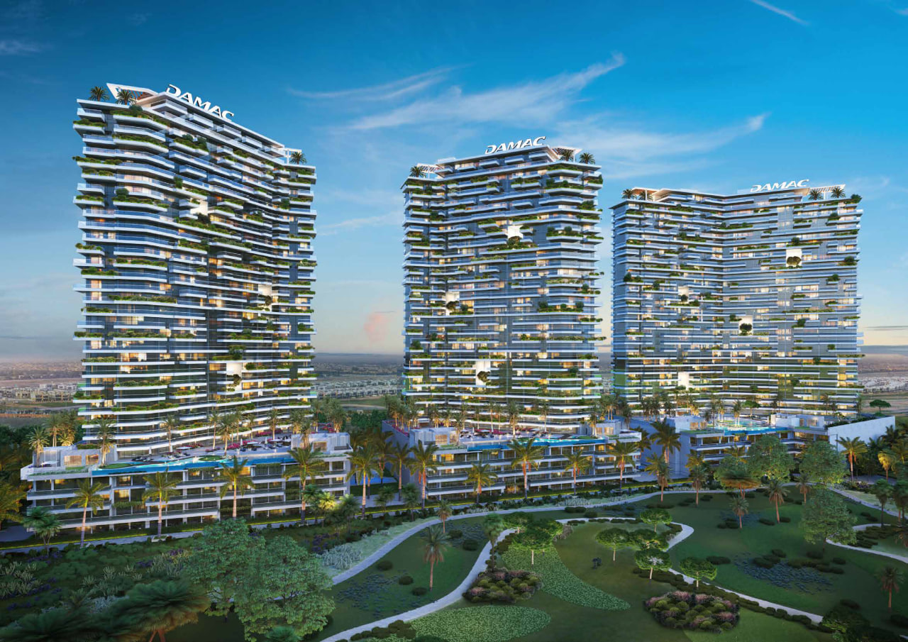 Golf Green 2 Distress Deal apartment tower in Damac Hills Dubai overlooking the golf course, modern Damac residential high-rise architecture with lush green fairways and luxury lifestyle setting