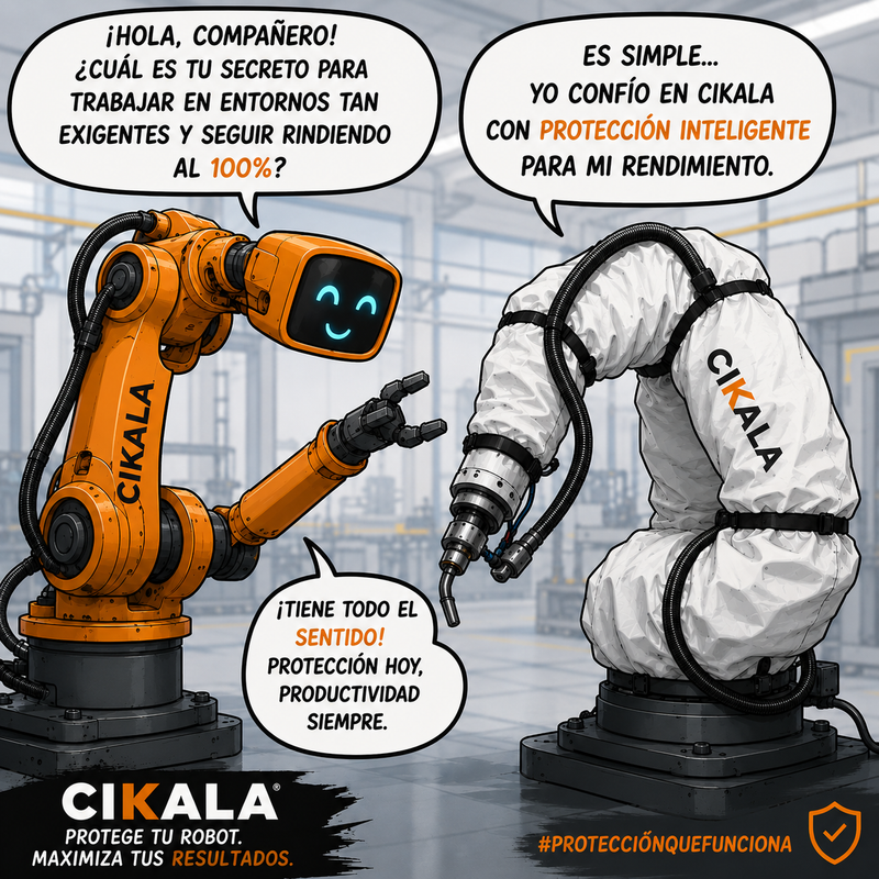 Ilustración creativa de robots industriales enfrentando condiciones de trabajo en fábrica