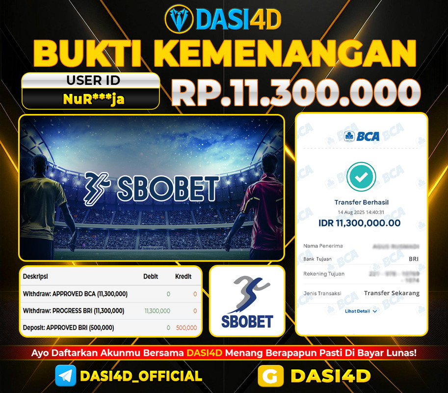 BUKTI KEMENANGAN 14 AGUSTUS 2025 DI SPORTBOOK SOBET WD 11.300.000