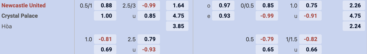 Tỷ lệ kèo Newcastle vs Crystal Palace