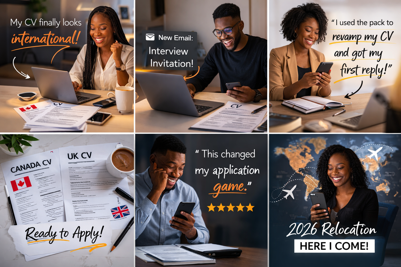 Social proof collage - CV improved, interview invitations, and relocation readiness