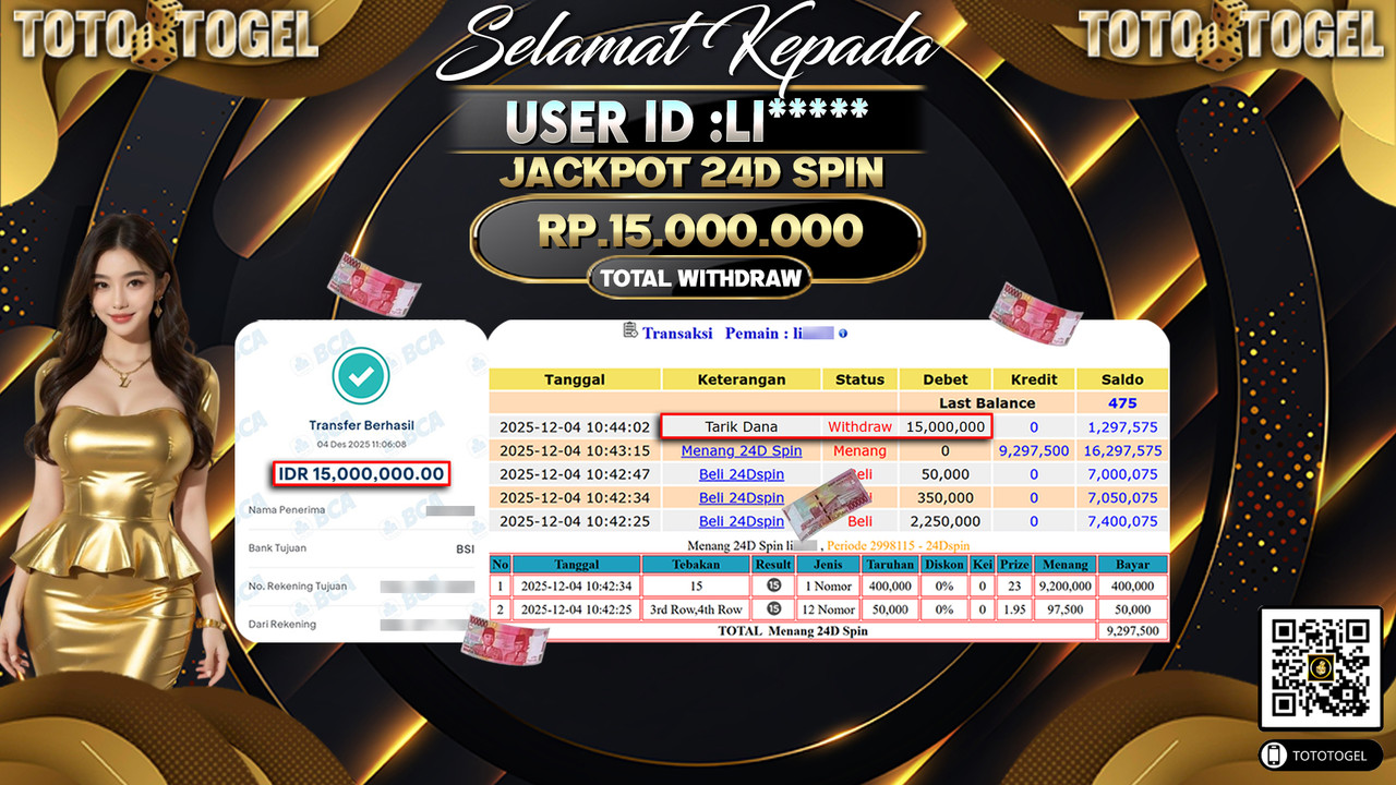 Bukti Pembayaran Jackpot Permainan Live Game 24D Spin ID:LI***** LUNAS