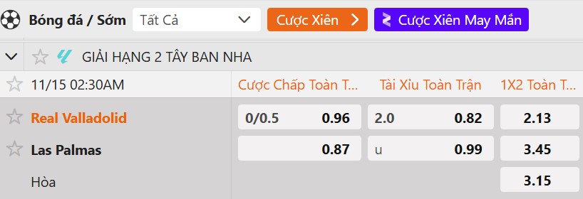 Tỷ lệ kèo Valladolid vs UD Las Palmas