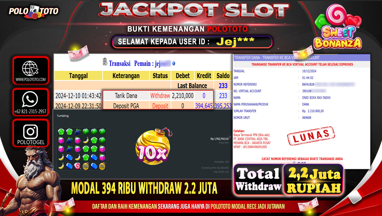 POLOTOTO JACKPOT SLOT SWEET BONANZA 1000 Rp.2,210.000,-