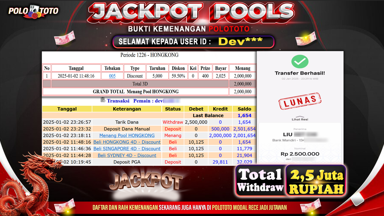 POLOTOTO JACKPOT TOGEL PASARAN HONGKONG Rp.2,500.000,-