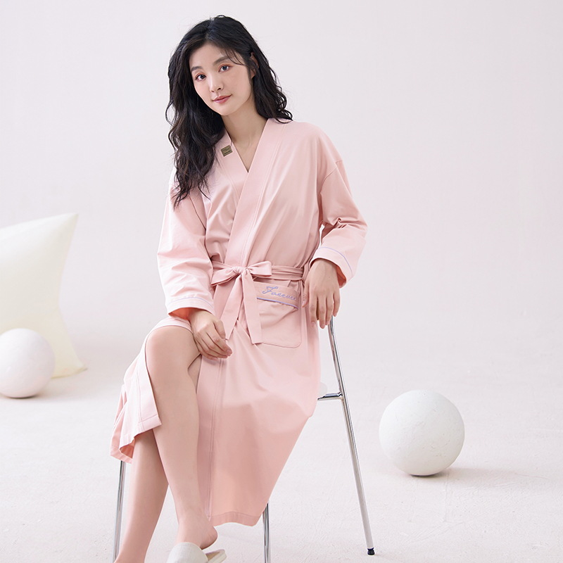 Pink L size Women's Cotton Robe — Autumn/Winter Bathrobe & Morning Gown | Long Sleeve, Mid-Length, Plus Size | Loose, Comfortable, and Machine Washable | Suitable for All Seasons