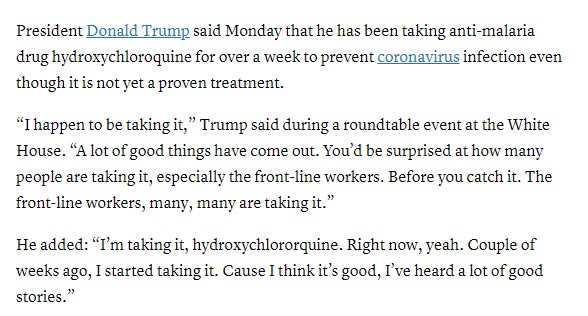 BREAKING NEWS: Trump is taking Hydroxychloroquine! Trump1