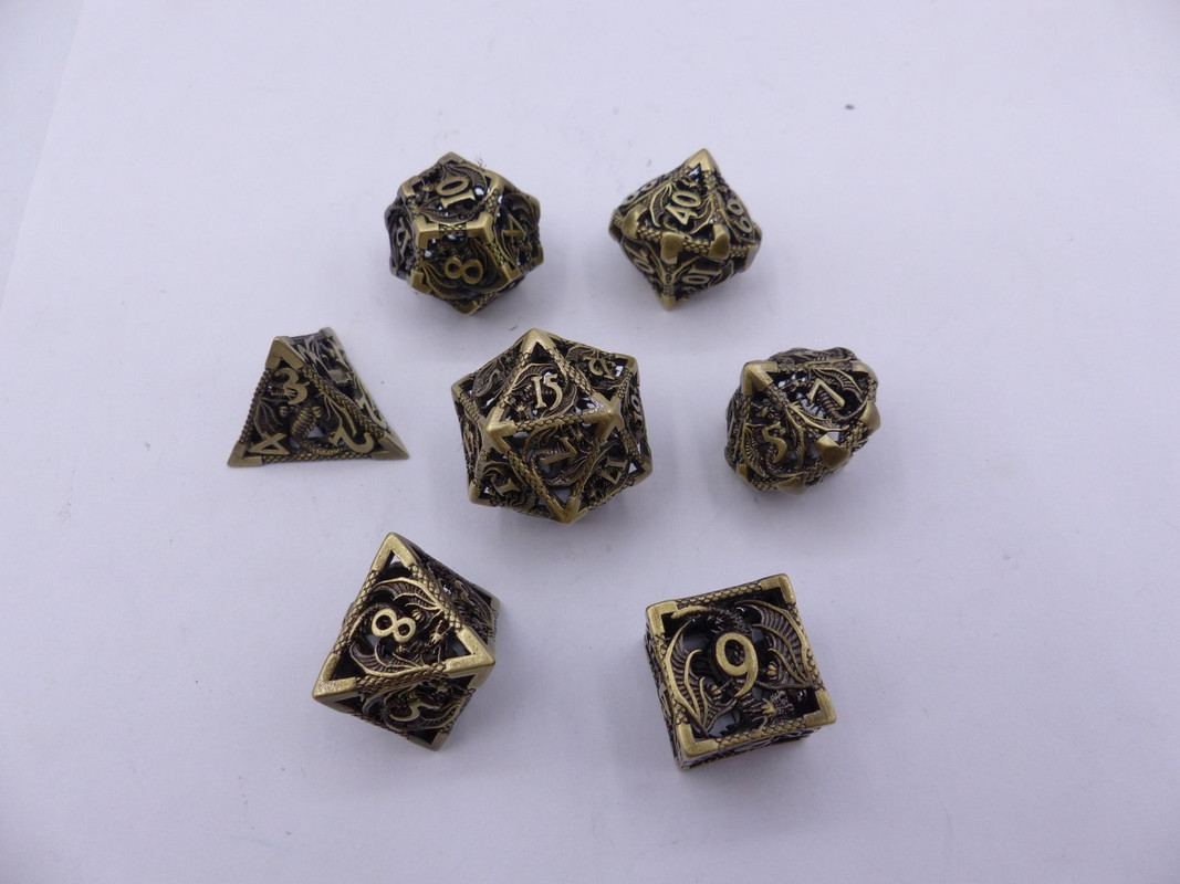 METAL DICE SET ANCIENT BRONZE HOLLOW DRAGON POLYHEDRAL DICE SET