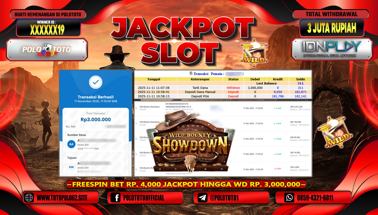 POLOTOTO JACKPOT SLOT WILD BOUNTY SHOWDOWN Rp.3.000.000,- LUNAS