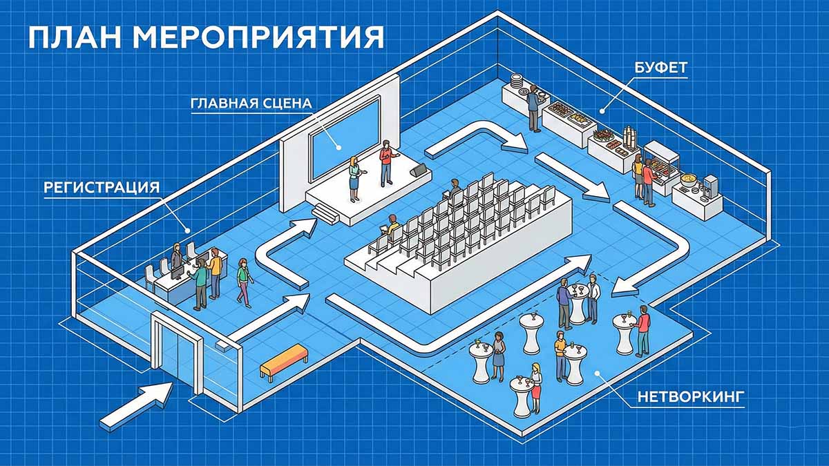 Изометрическая схема зонирования мероприятия: вход, сцена, буфет и зона нетворкинга с потоками движения.