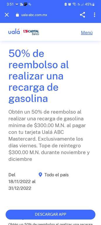 Uala TDC 50 % de reembolso Los Viernes al realizar una recarga de gasolina en noviembre-diciembre 
