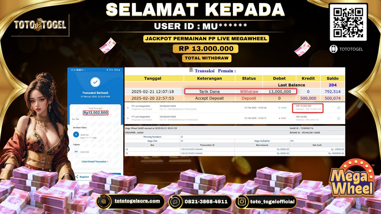 Bukti Pembayaran Jackpot  Permainan Pp Live Megawheel  ID:MU***** LUNAS