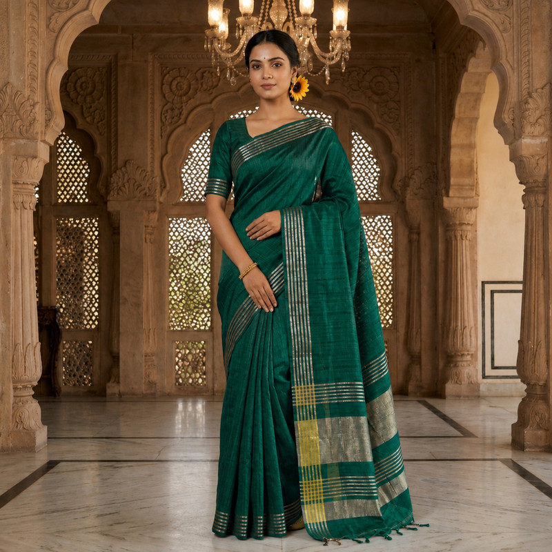 Women's Designer Gheecha Silk Saree with Unstitched Blouse Piece