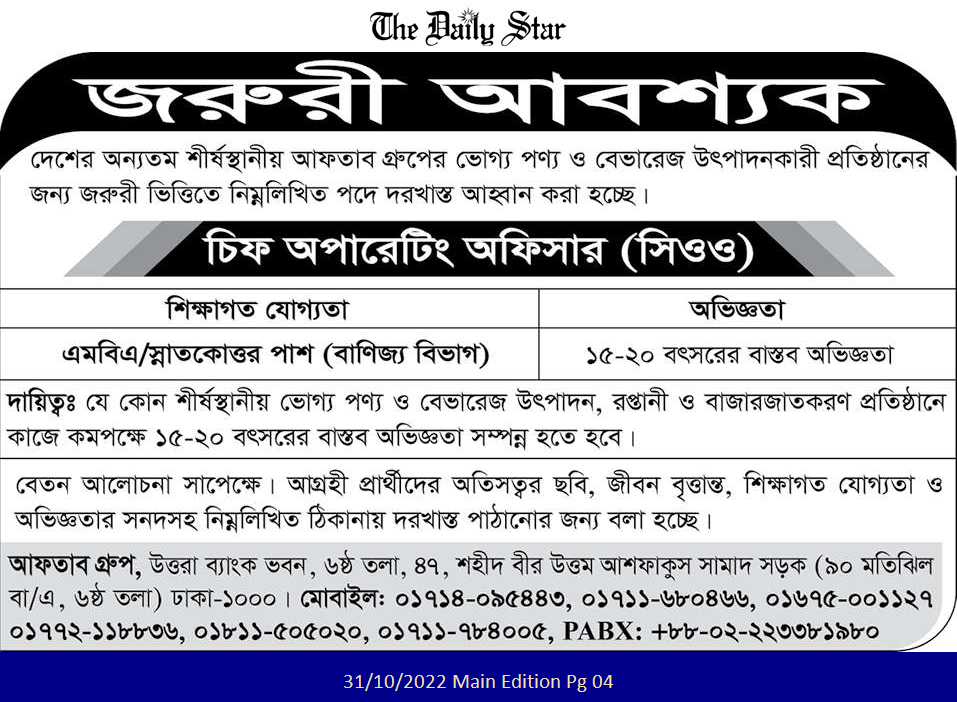 আফতাব গ্রুপ নিয়োগ বিজ্ঞপ্তি ২০২২