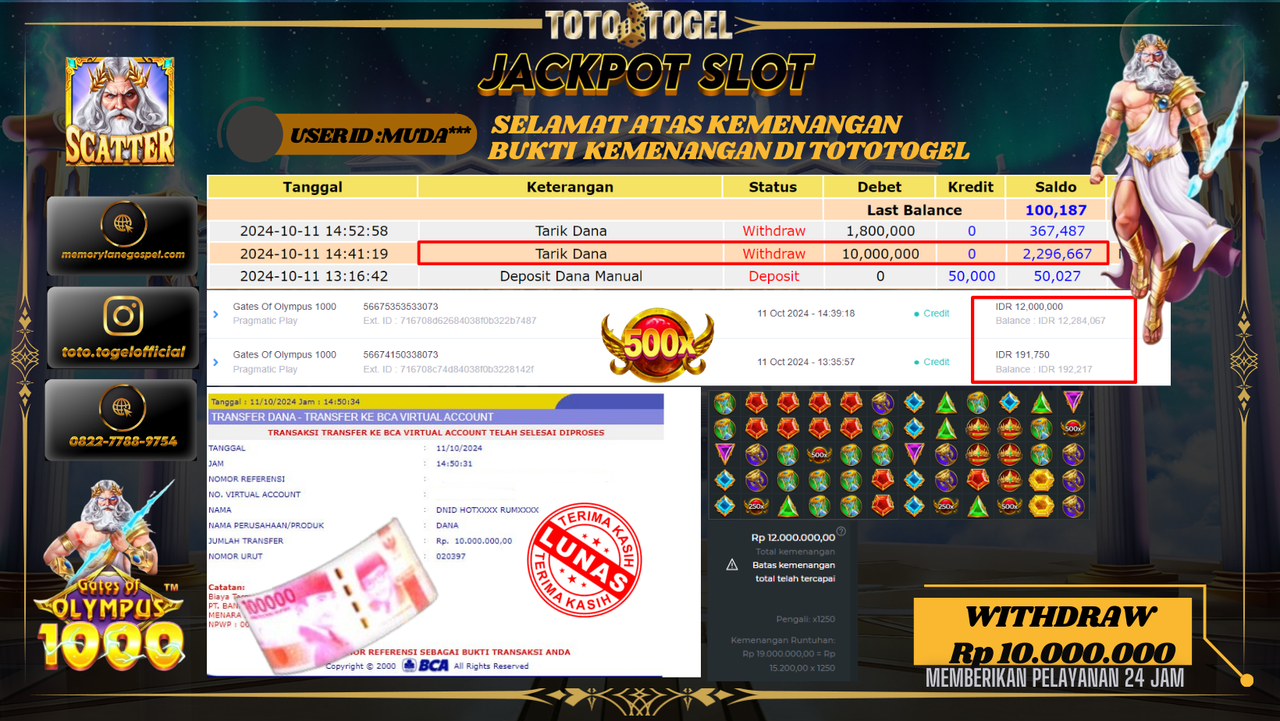 Bukti Kemenangan Permainan Slot Gates Of Olympus 1000 ID : MUDA*** Terbayar Lunas!!