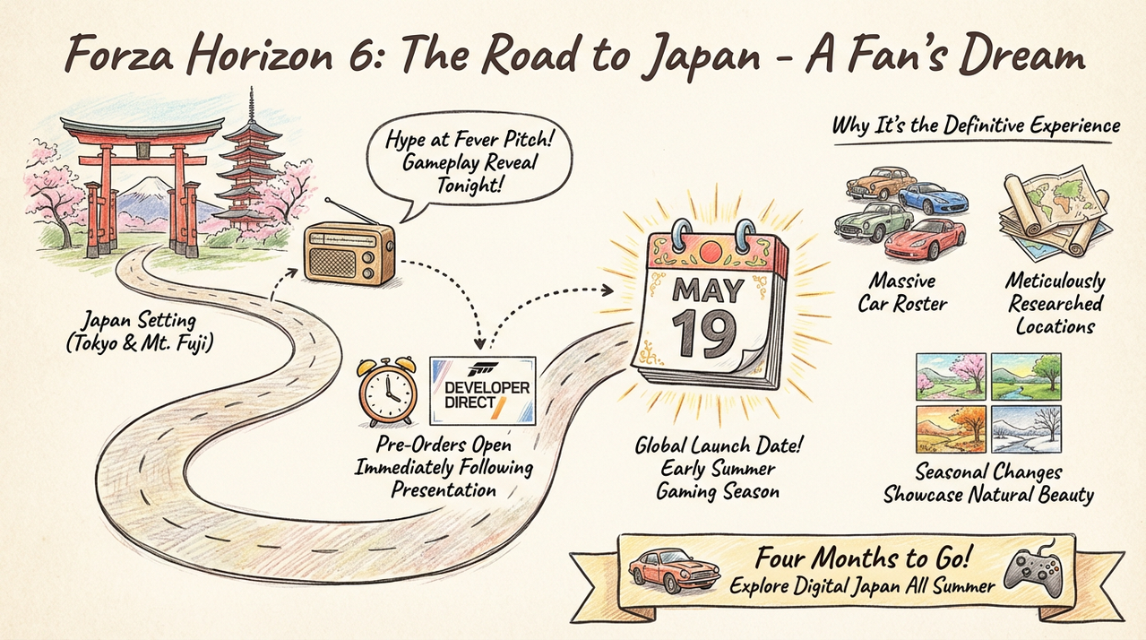 Sports car racing on scenic mountain highway at sunset