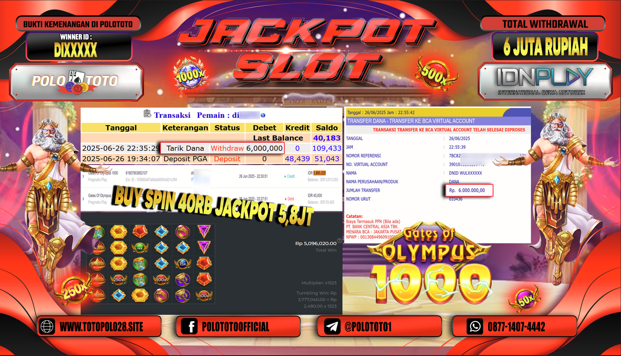 POLOTOTO JACKPOT SLOT GATES OF OLYMPUS 1000 Rp.6.000.000,-