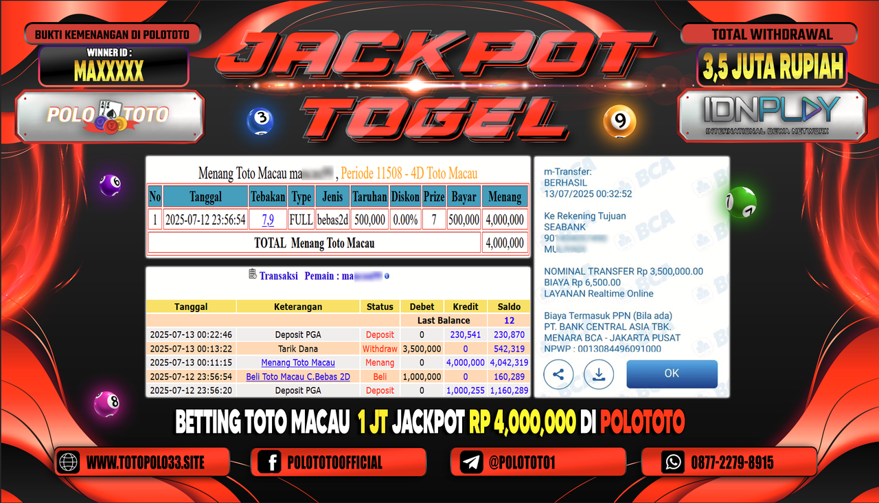 POLOTOTO JACKPOT TOGEL TOTO MACAU Rp.3.500.000,-