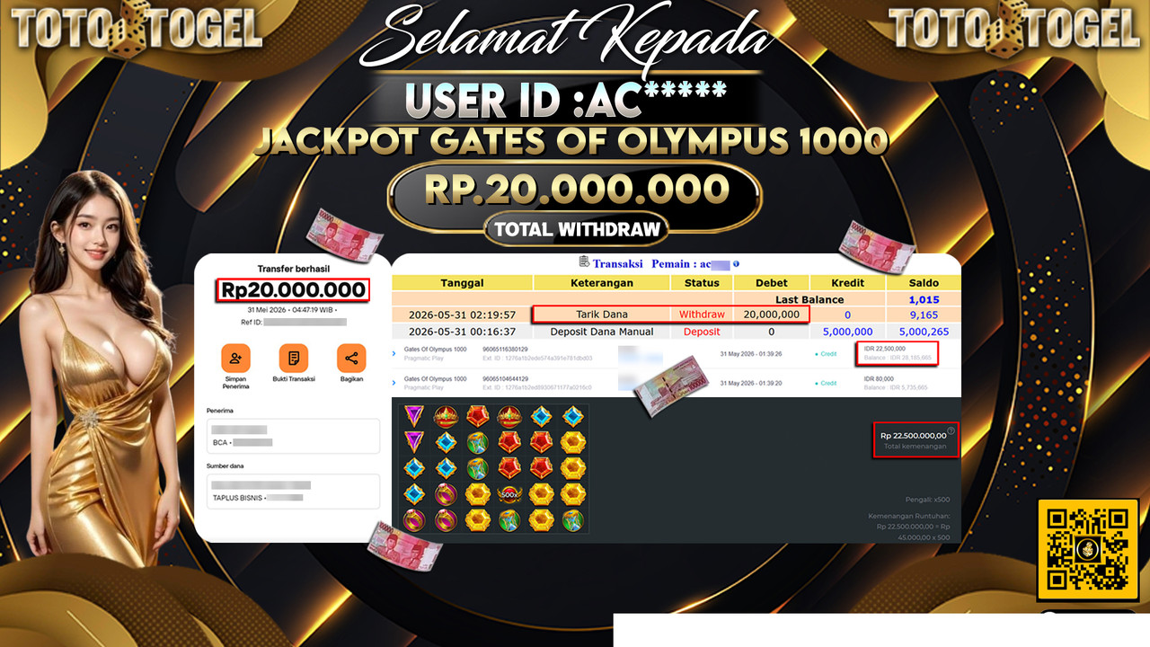 Bukti Pembayaran Jackpot Permainan Slot Gates Of Olympus 1000 ID:AC*****LUNAS