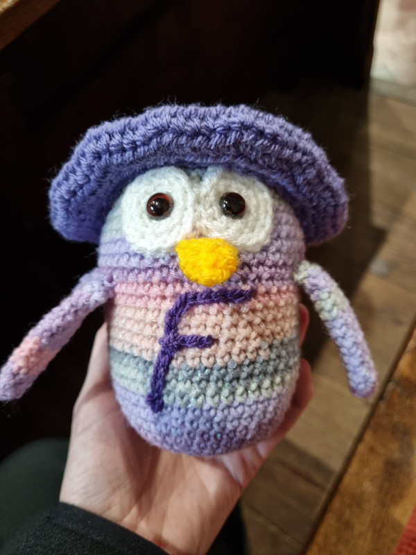 Blue, purple and grey crochet owl with the letter F embroidered on it. Owl is wearing a navy blue hat.