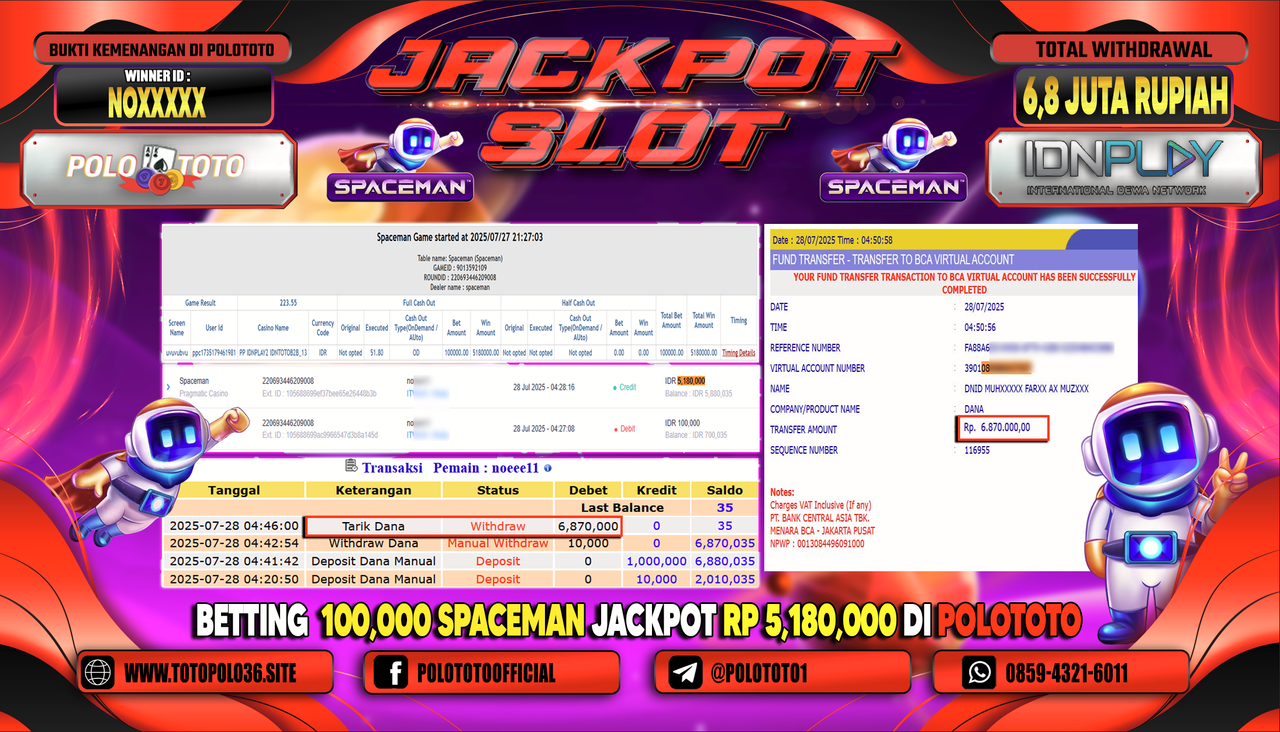 POLOTOTO JACKPOT SLOT SPACEMAN Rp.6.800.000,-LUNAS
