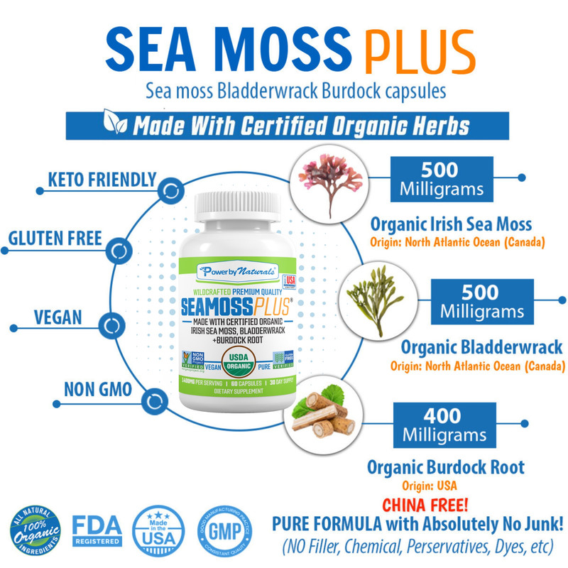 Image Experience the Multifaceted Benefits of Seamoss, Bladderwrack, and Burdock Root, a Dynamic Trio Packed into Convenient Capsules for Holistic Wellness. Harness the Natural Power of Organic Irish Sea Moss, a Rich Source of Iodine, Vital for Optimal Thyroid Function and Metabolism. Complementing this, Bladderwrack Offers Abundant Nutrients, Contributing to Immune Strengthening and Digestive Health, while Burdock Root Nurtures Your System with its Antioxidant and Anti-inflammatory Properties. This Synergistic Blend Provides Comprehensive Support, Enhancing Hair Growth, Skin Radiance, and Joint Mobility, while Promoting Weight Management and Energy Levels. Embark on Your Journey to Vitality and Balance with this Thoughtfully Crafted Fusion, Bringing the Treasures of the Ocean and Earth Together to Elevate Your Wellbeing Naturally.