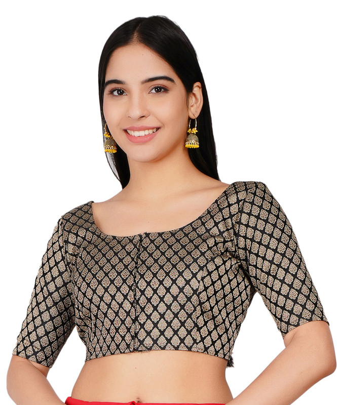 Women’s Banarasi Brocade Saree Blouse Readymade Elbow Length Choli Crop Top