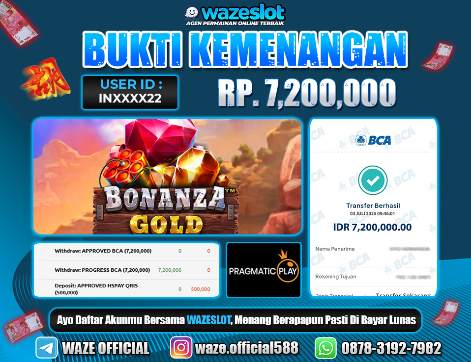 BUKTI KEMENANGAN 03 JULI 2025 DI GAME BONANZA GOLD