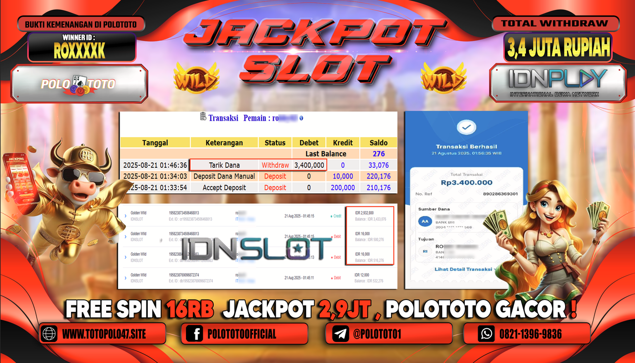 POLOTOTO JACKPOT SLOT GOLDEN WILD Rp.3.400.000,-