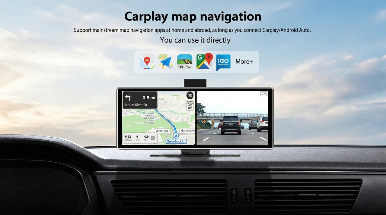 Excitat ecran navigatie auto cu CarPlay Android Auto, suport aplicatii navigatie Waze Google Maps iGO, afisare traseu si trafic in timp real