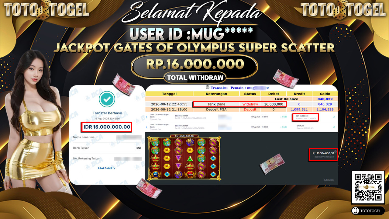 Bukti Pembayaran Jackpot Slot Gates Of Olympus Super Scatter ID:MUG*****LUNAS