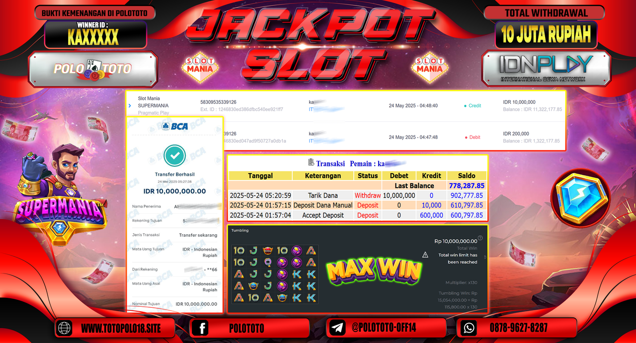 POLOTOTO JACKPOT SLOT MANIA SUPERMANIA Rp.10.000.000,-