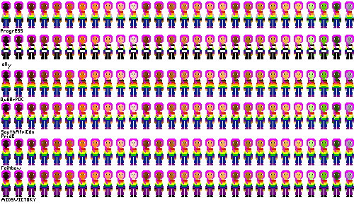 a row of people with pride flag shirts and magenta hair