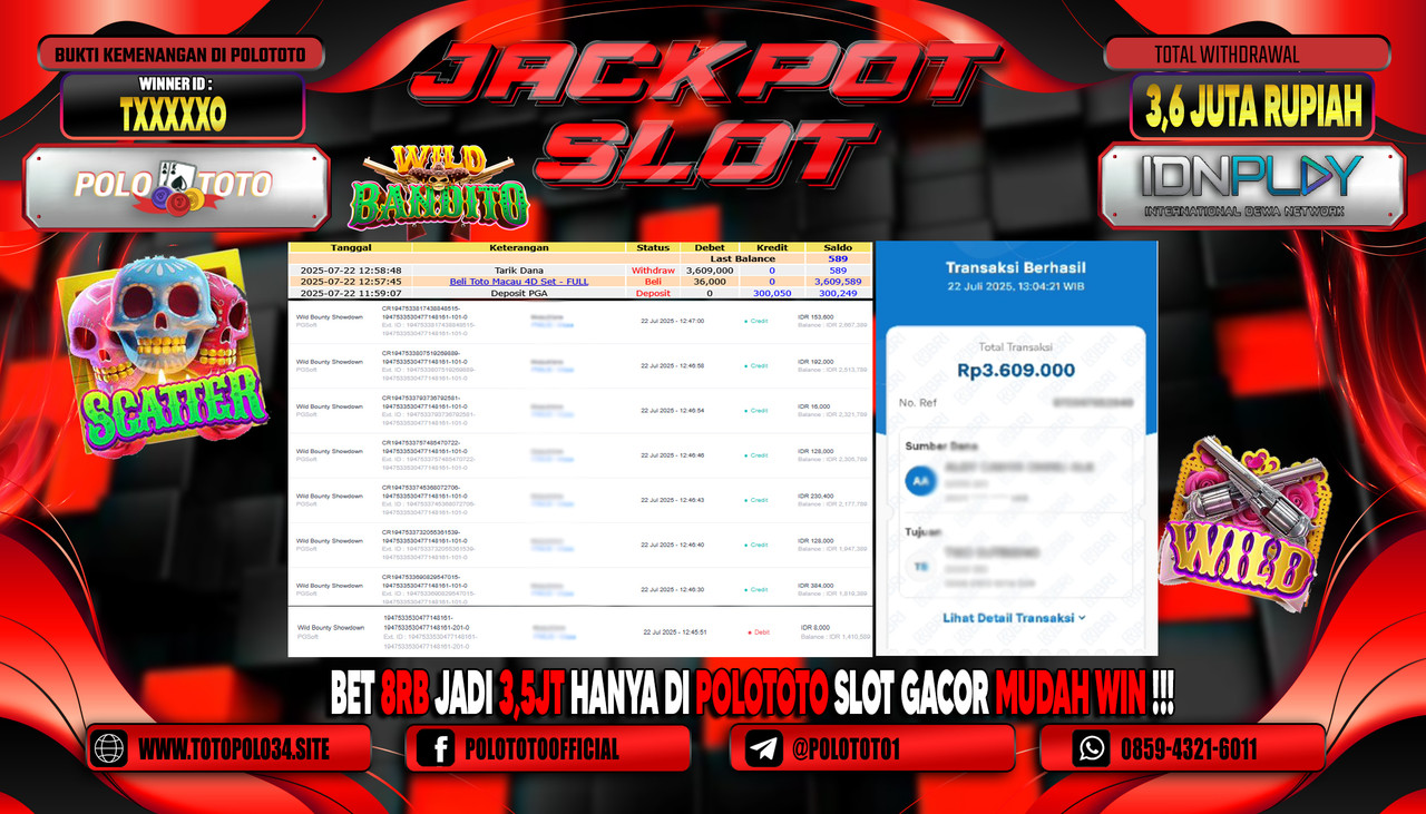 POLOTOTO JACKPOT SLOT WILD BANDITO Rp.3.600.000,- LUNAS