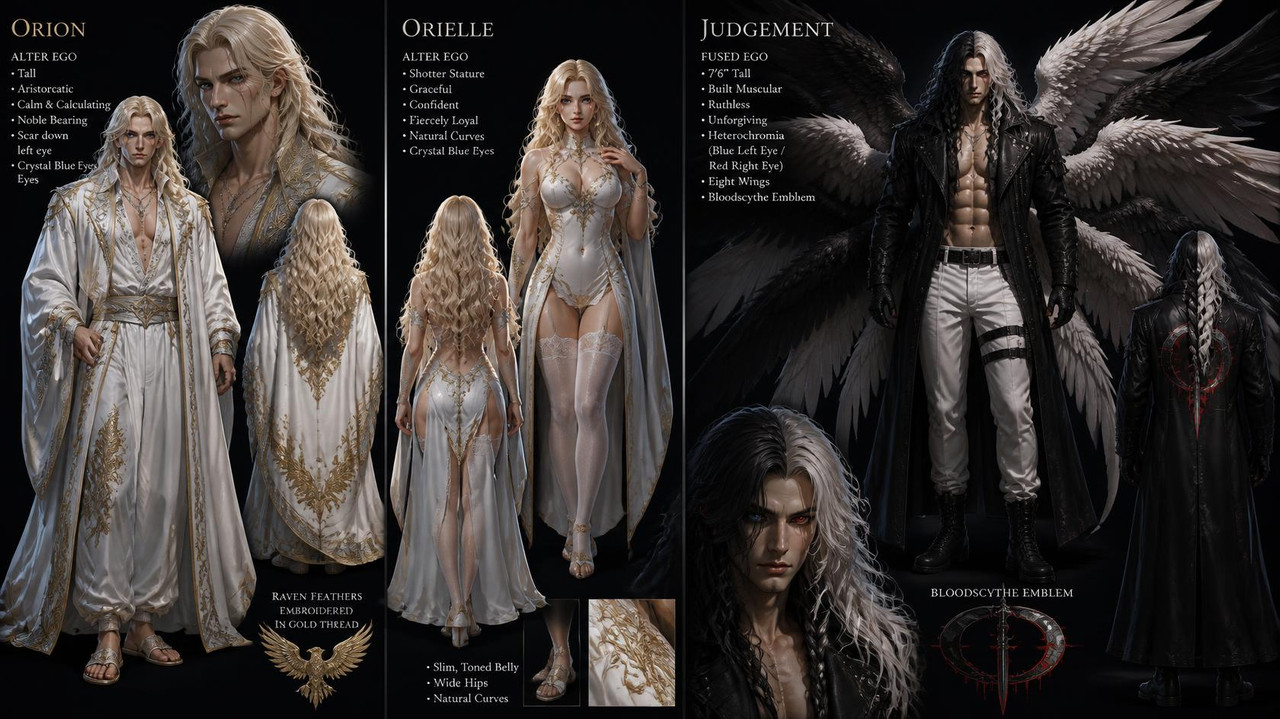 Orion is a tall male with White robes with Gold and silver trimming He has Loose white paints with